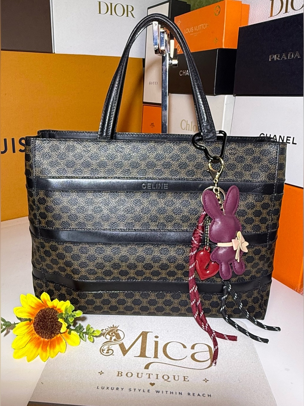 Auth CELINE Vintage Macadam Hand Bag/Shoulder Bag Tote Bag Leather Black/Brown
